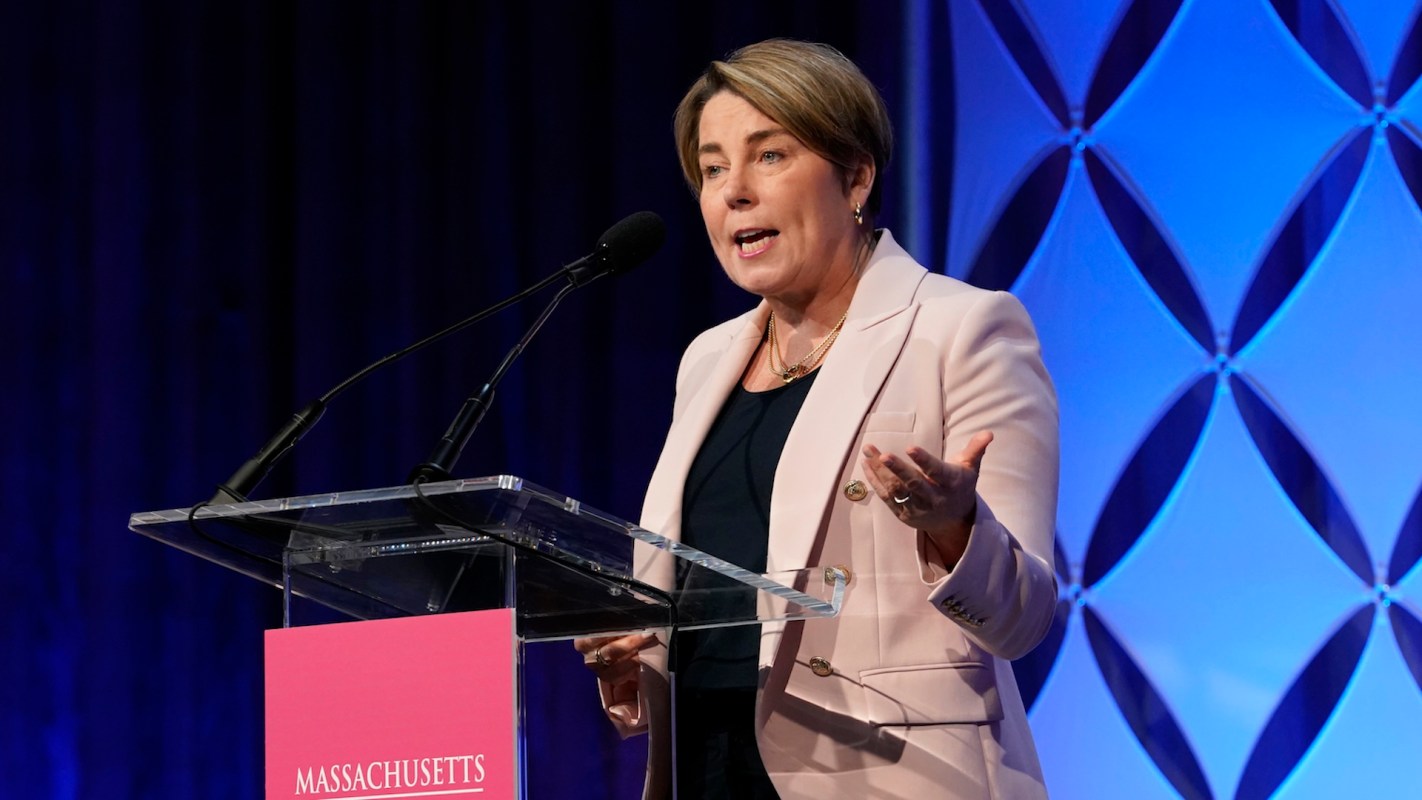 Massachusetts Gov. Maura Healey speaks at a podium.
