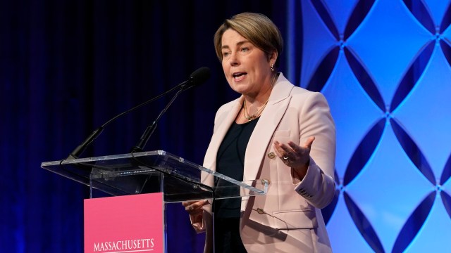 Massachusetts Gov. Maura Healey speaks at a podium.
