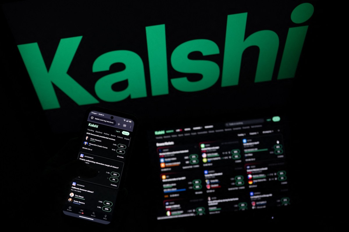 A smartphone and a laptop display the Kalshi platform against a dark background.