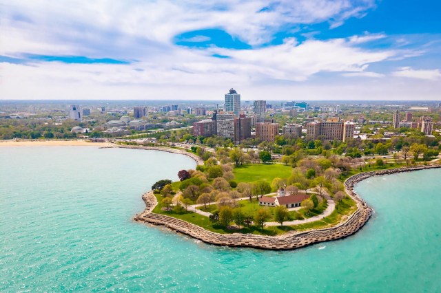 Chicago Skyline with Promontory Point in foreground along Lake Michigan Illinois showing Hyde Park neighborhood