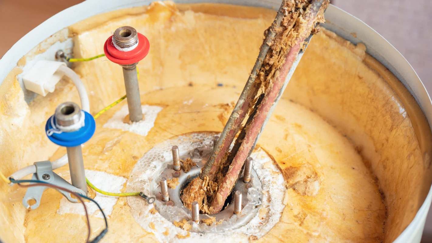 An exposed water heater tank with metal rods and deteriorating insulation material.