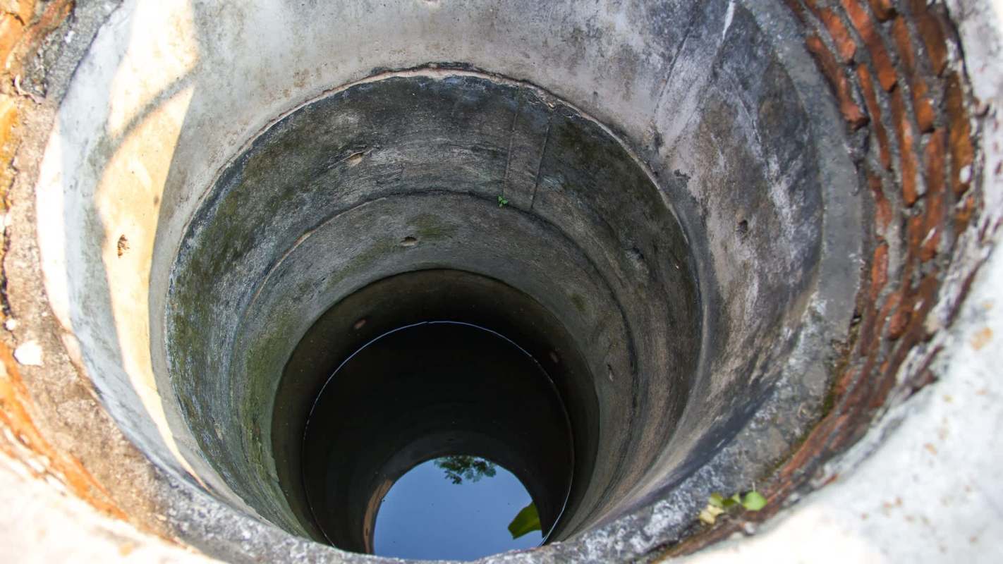 A deep well with water at the bottom, surrounded by rough stone walls.