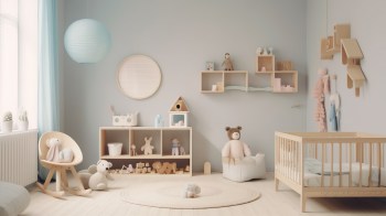 A bright, modern nursery featuring a crib, toys, and decorative elements like a rocking chair and shelves.