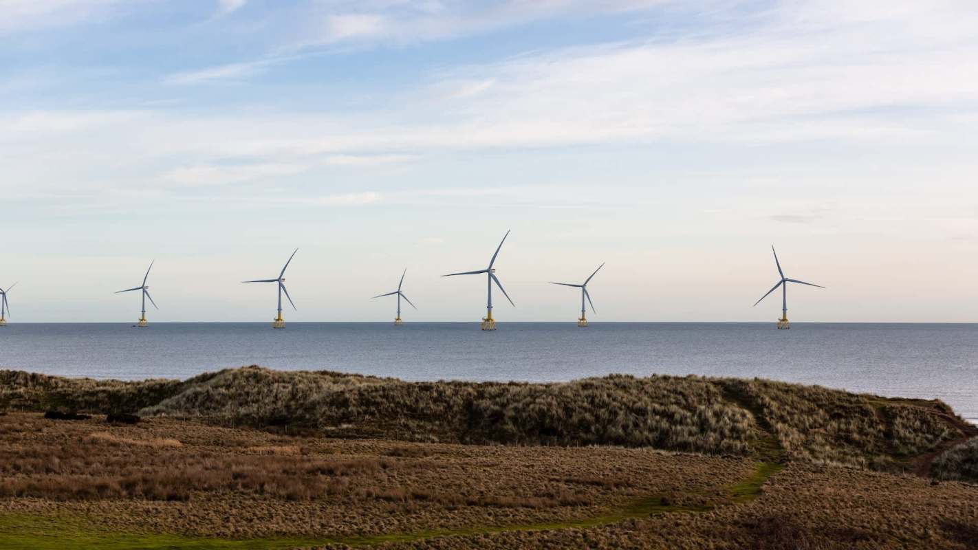 Offshore wind turbines.