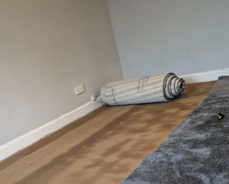 A removed carpet with damp patches on the bare floor.