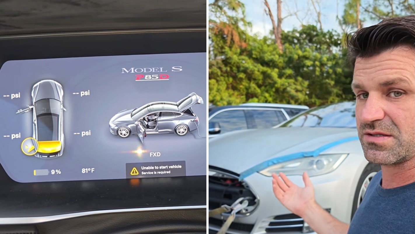 A Tesla Model S dashboard display shows vehicle status with a man gesturing toward a parked Tesla with hood damage.