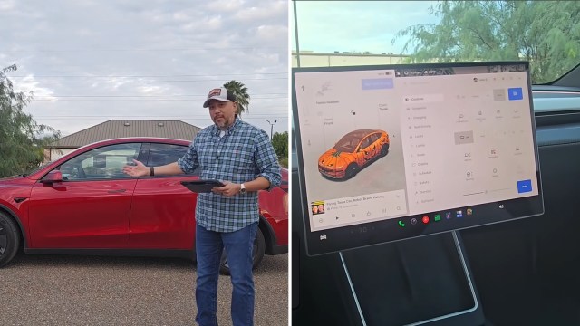 A man stands next to a red car while holding a tablet, with a screen displaying vehicle controls inside the car.