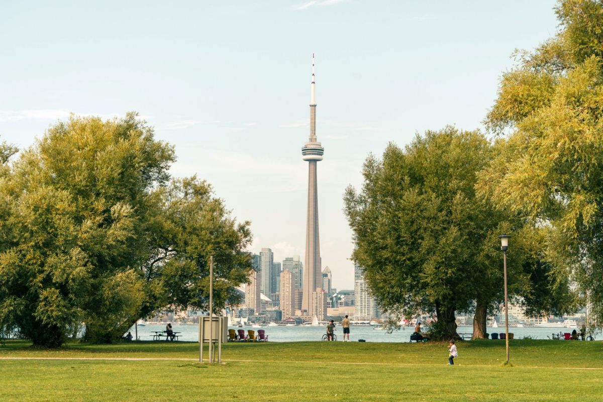The Toronto Canada city skyline from a green park