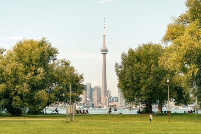 The Toronto Canada city skyline from a green park