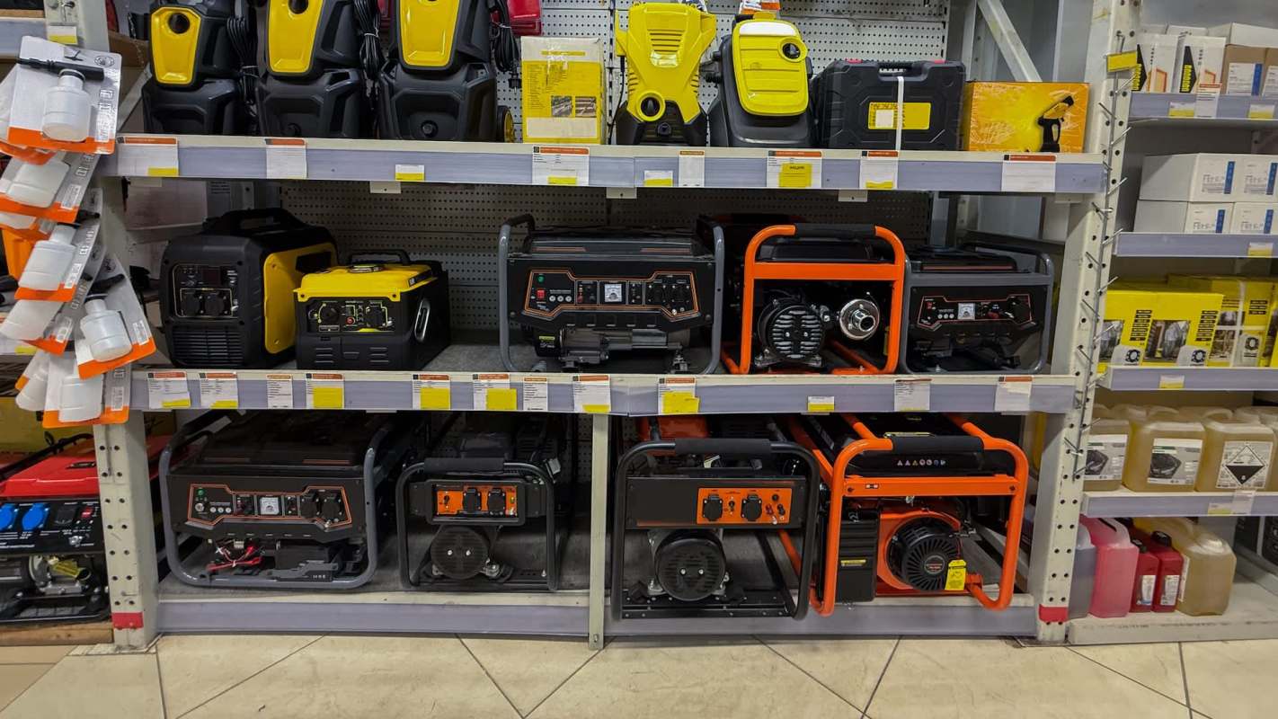 Generators of various sizes and colors displayed on shelves in a hardware store.