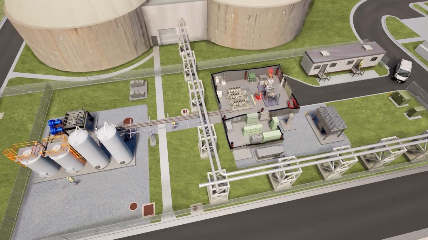 An industrial facility with silos, pipes, and a modular building surrounded by green grass and paved roads.