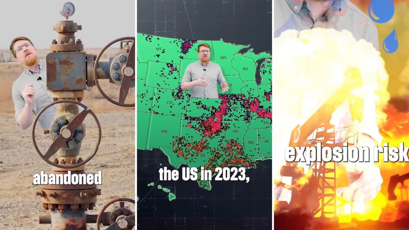A sequence of three images featuring an abandoned oil well, a map of the U.S. with dots, and an explosion risk graphic.