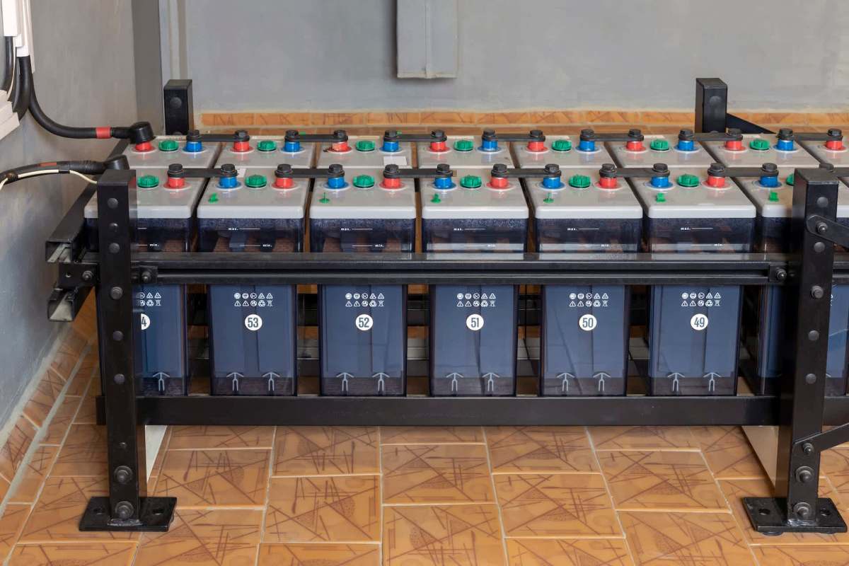 A row of battery containers on a metal frame, with visible labels and colorful connectors.
