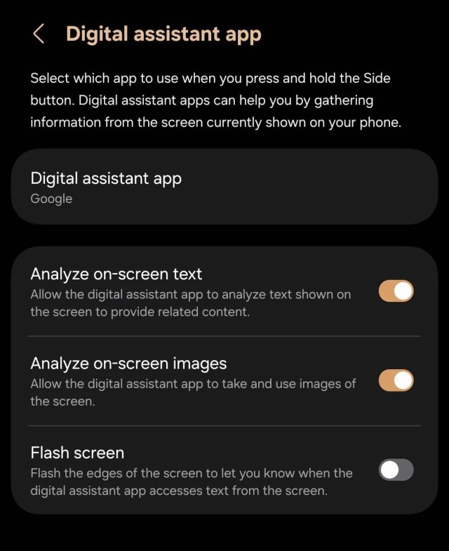 A settings menu for Google's digital assistant app with the toggles for "analyze on-screen text" and "analyze on-screen images" turned on.
