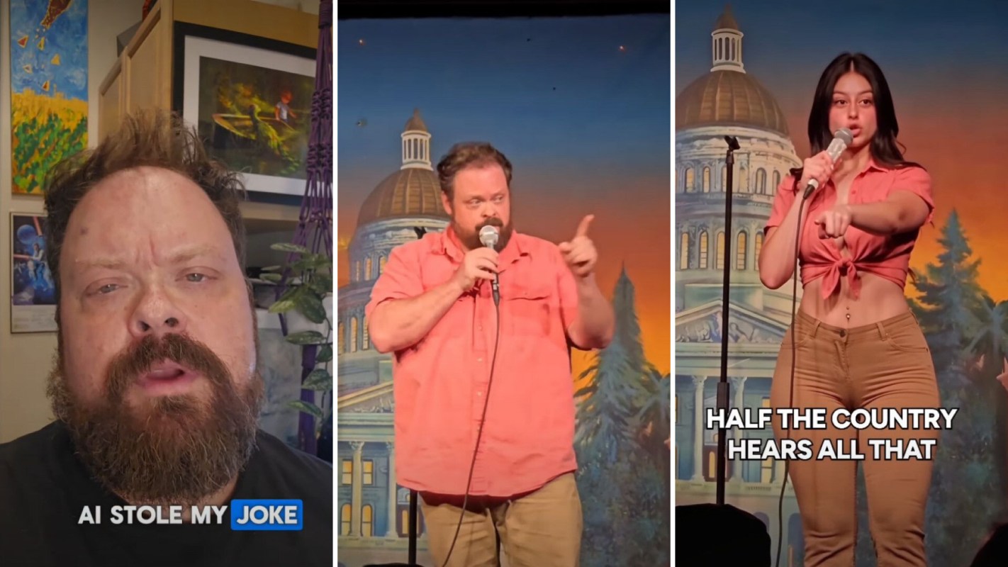 A man and a woman perform stand-up comedy on stage with a colorful backdrop.