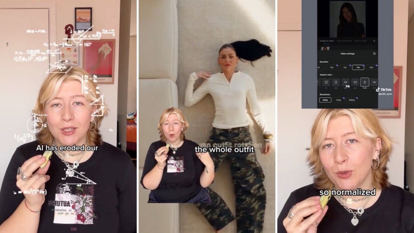 A triptych of a woman talking about AI generating fast-fashion outfits.