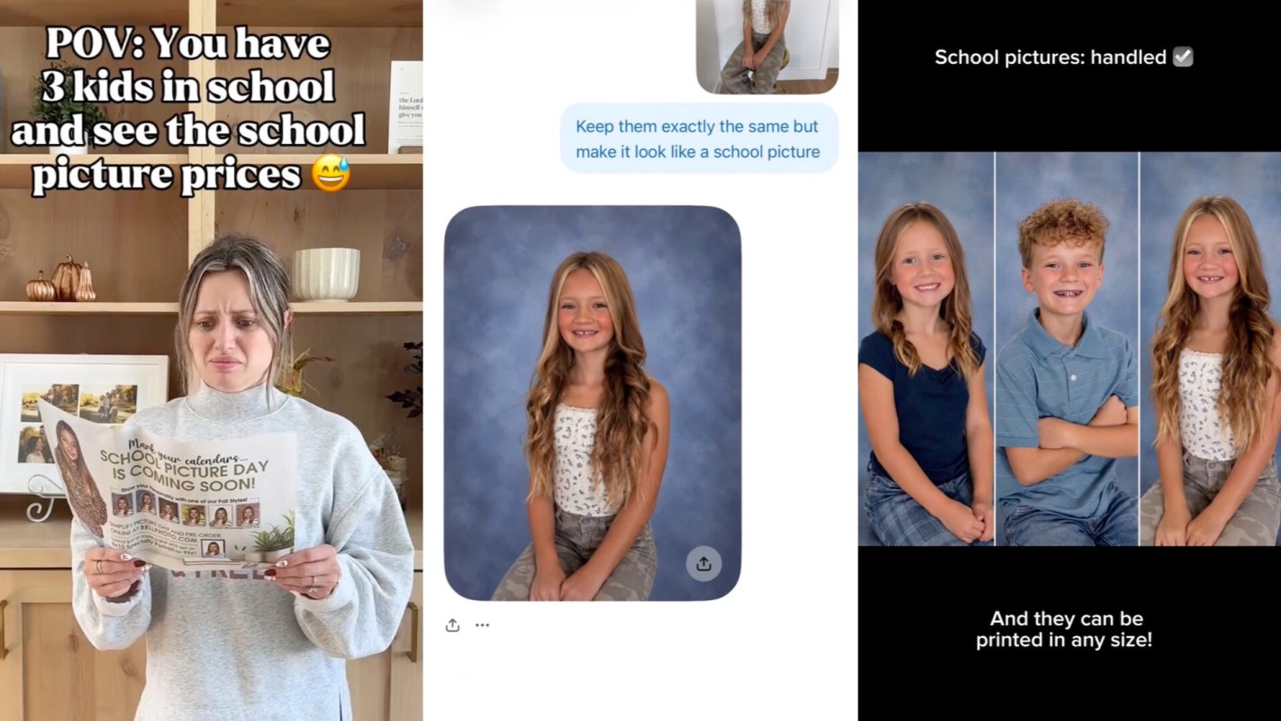 A woman looks concerned while holding a flyer about school picture prices, with images of children in school photos nearby.
