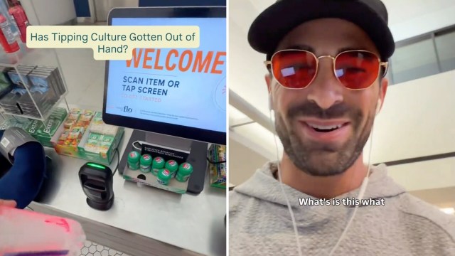 A checkout screen displays options with a man in sunglasses smiling and speaking.