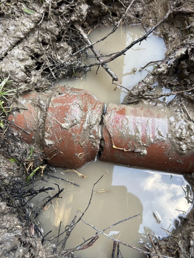 A cracked sewer pip in mud and water.