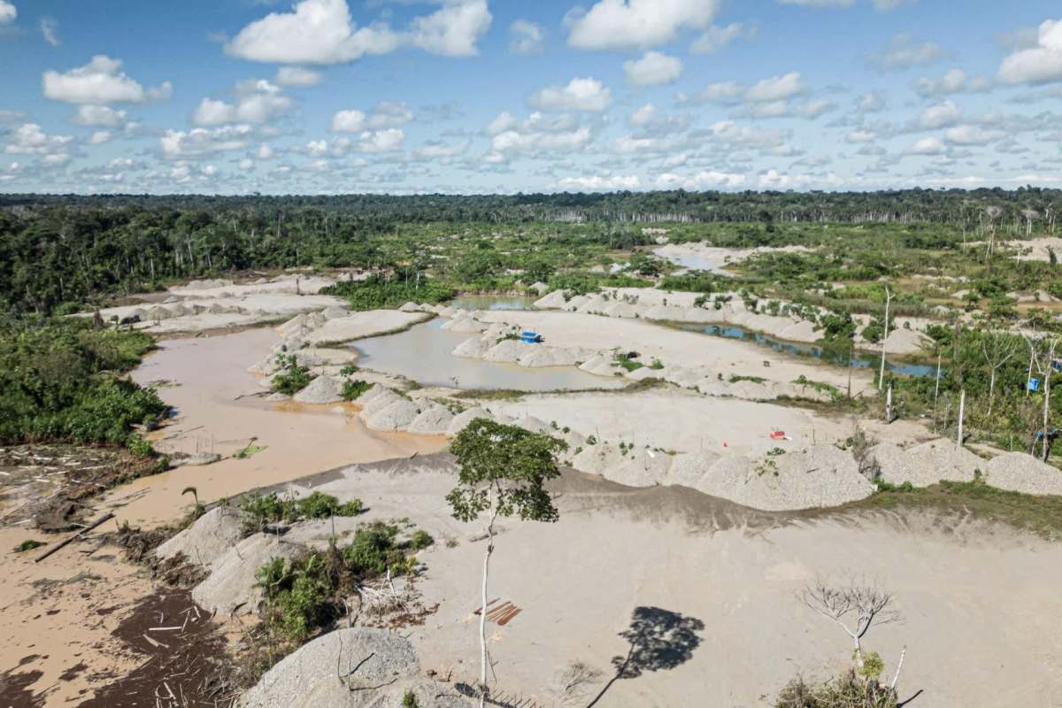An aerial view of illegal mines in the Amazon in Peru