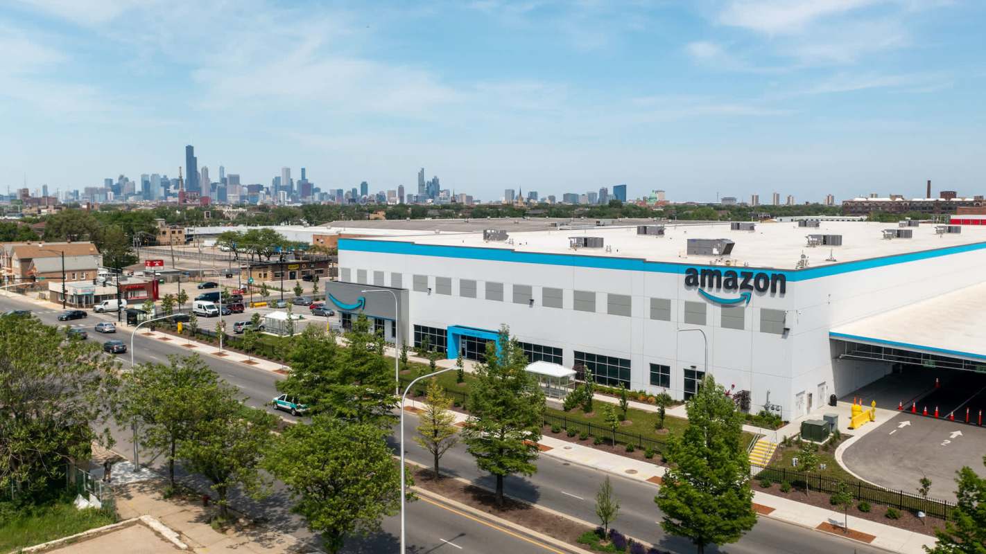 An Amazon warehouse with the Chicago skyline in the background.
