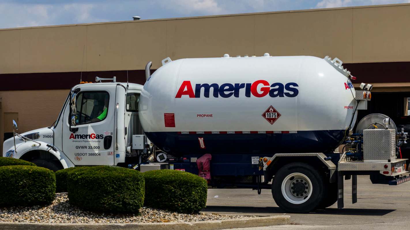 A propane delivery truck with AmeriGas branding parked in a commercial area.