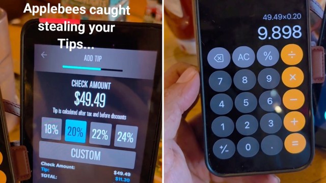 A calculator showing 20% of a $49.49 bill next to Applebee's higher total.