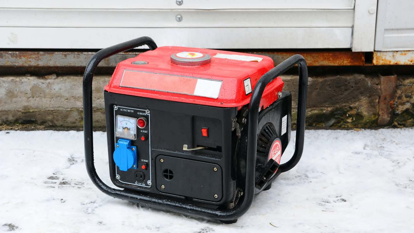A red and black portable generator sitting on a snowy surface.
