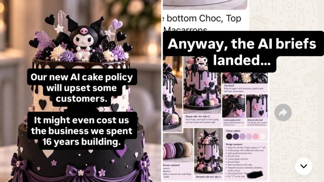 A decorated cake with purple and black icing, topped with small figures and hearts, accompanied by design notes.
