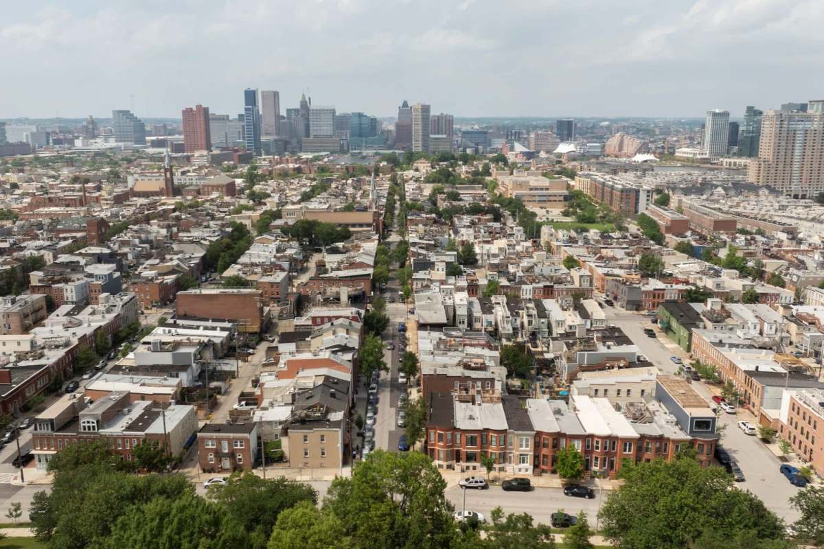 Baltimore Maryland neighborhood with the city skyline in the distance