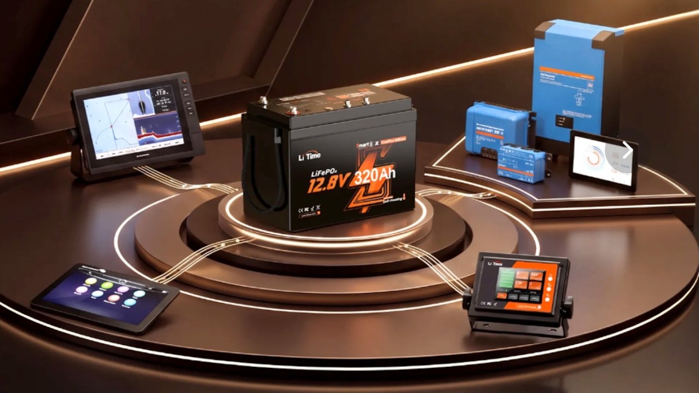 A lithium battery with various electronic devices and screens connected by cables on a circular display.