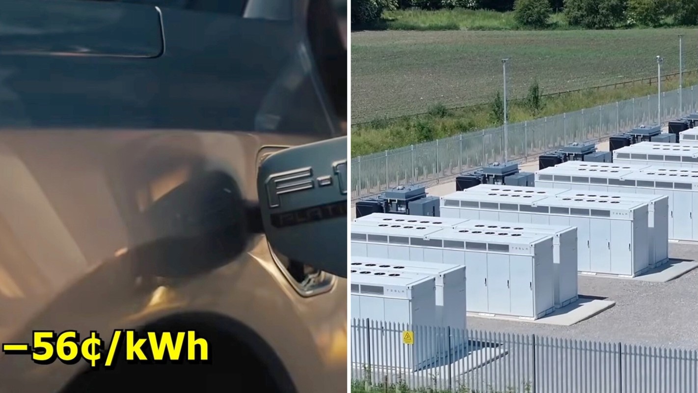 An electric vehicle charging port, next to a graphic of -56 cents per kwh, and a grid of battery storage units in a field.