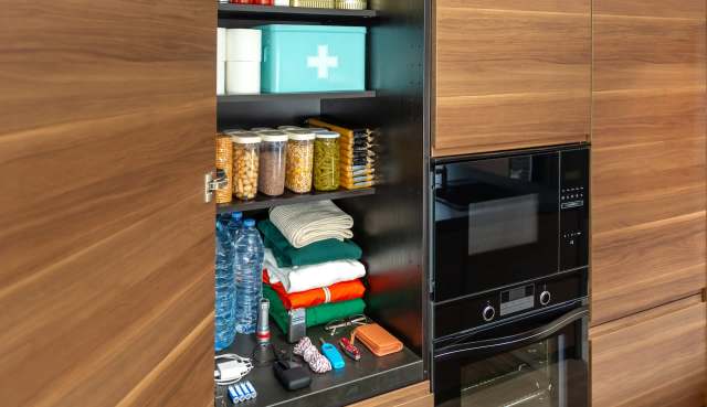A pantry stocked with emergency supplies.