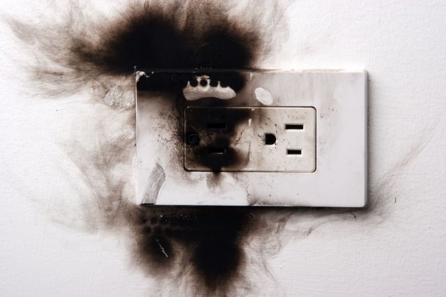 A burnt electrical outlet with black marks and discoloration on the surrounding wall.