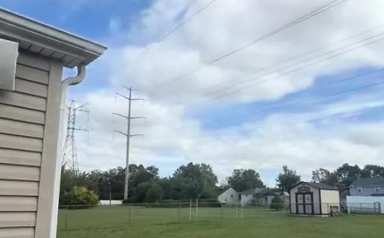 A backyard scene with a house, a small shed, trees, and power lines against a cloudy sky.