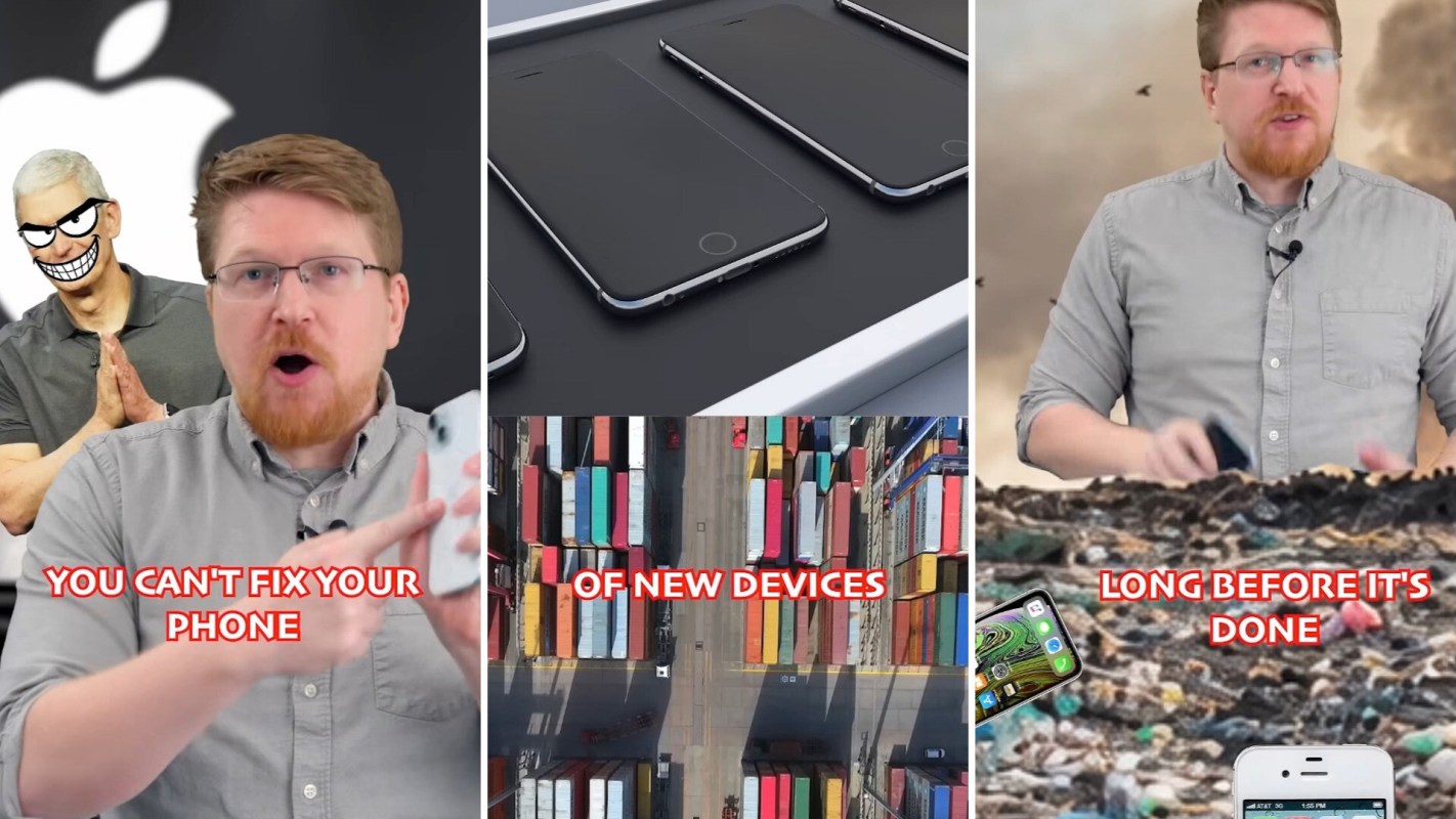 A man holding a phone discusses device repair amidst graphic overlays related to technology and environmental issues.