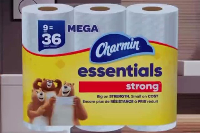 A package of Charmin Essentials Strong toilet paper featuring cartoon bears.