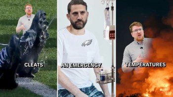 Water is poured on a cleat, a man is given an IV, and a speaker behind a picture of a wildfire talks about temperatures.