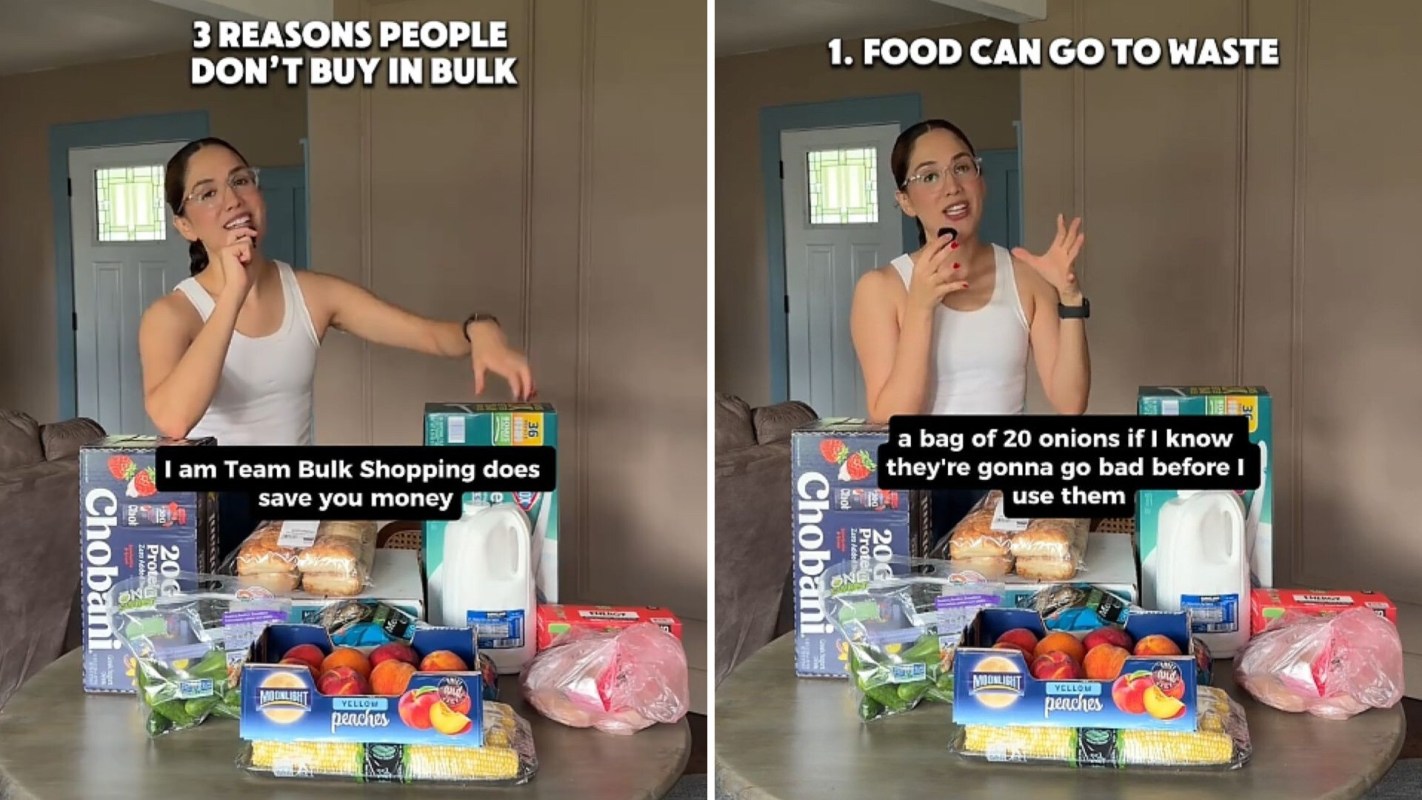 A woman talking about bulk shopping at Costco.
