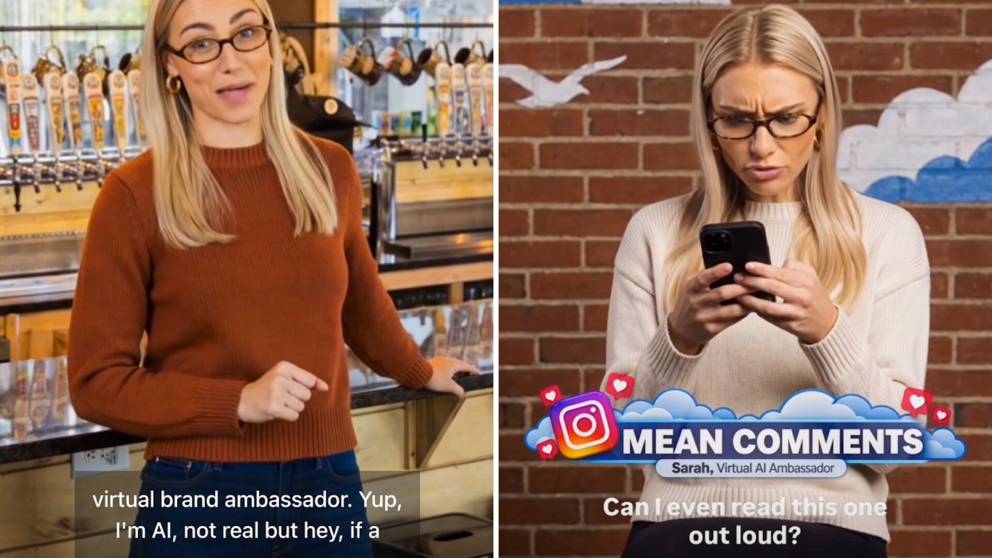 An AI-generated woman stands in a bar, then she looks at her phone, with a graphic overlay saying "Mean Comments."
