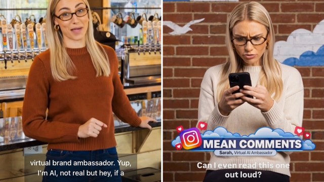 An AI-generated woman stands in a bar, then she looks at her phone, with a graphic overlay saying "Mean Comments."