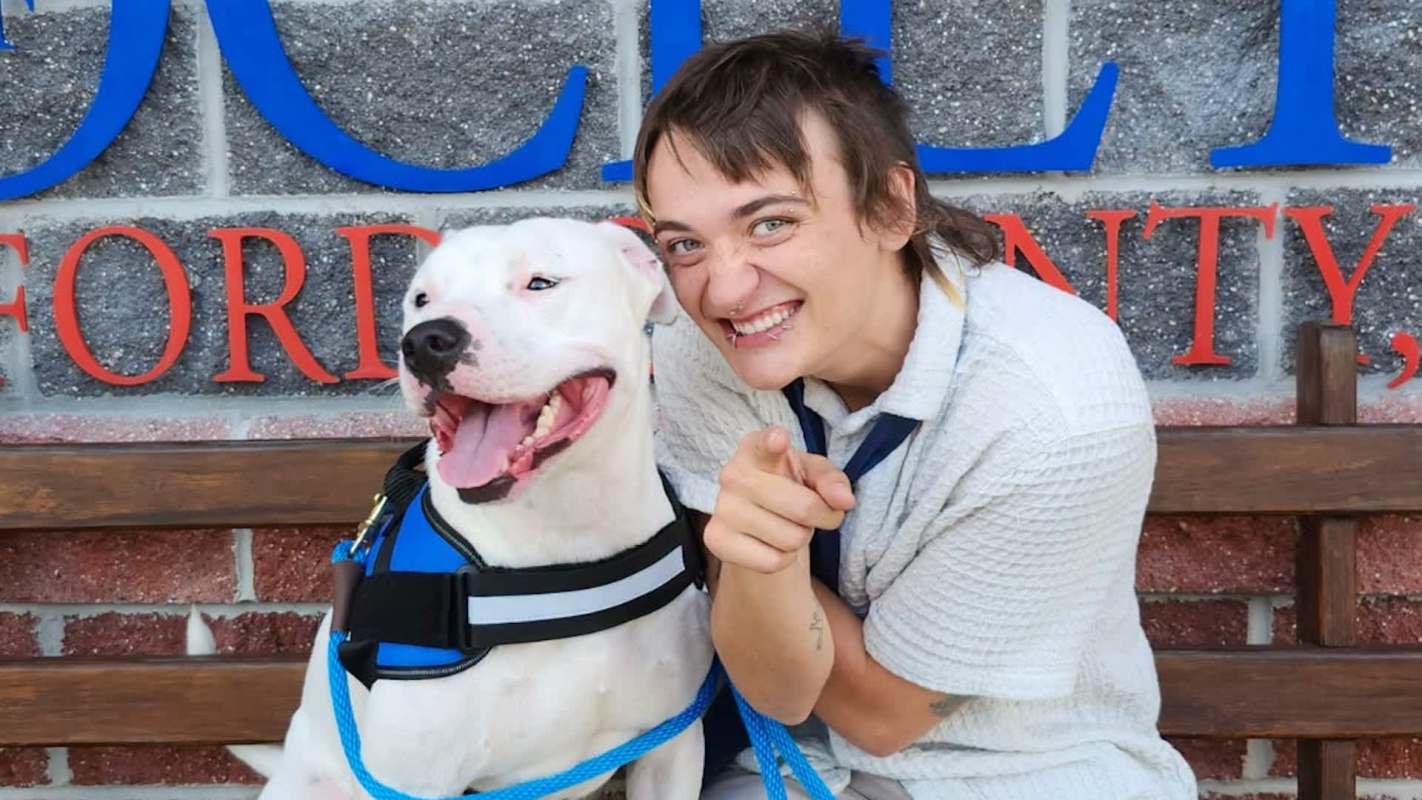A person and a dog sit on a bench in front of a brick wall with a sign.