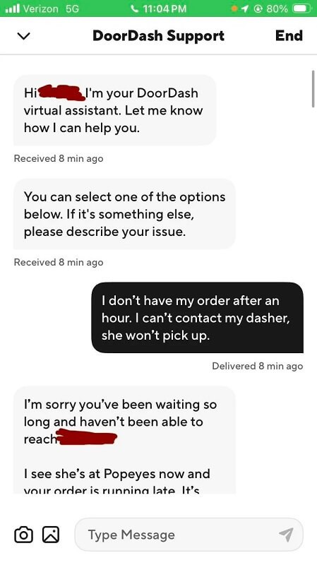 A DoorDash support chat screenshot.