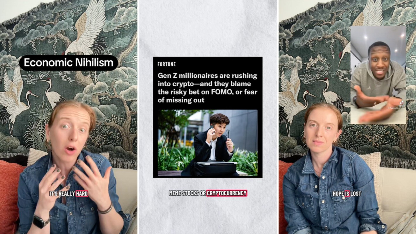 Two individuals discuss economic themes with a decorative backdrop featuring cranes.