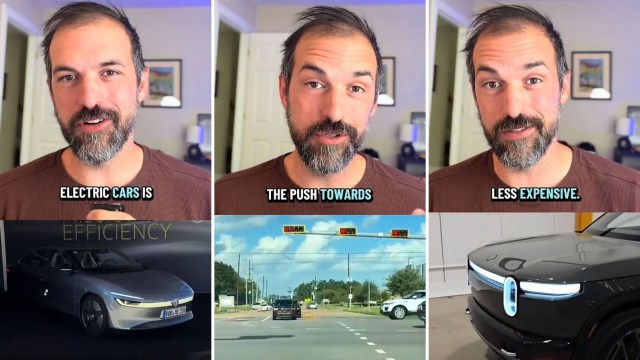 A man speaks about electric cars, with images of vehicles and traffic lights in the background.