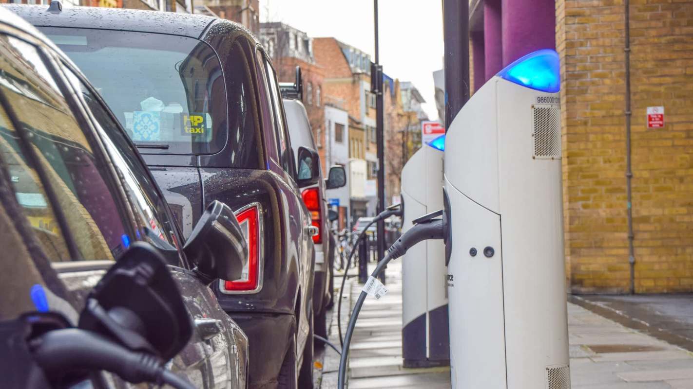 Electric vehicles at public charging stations.