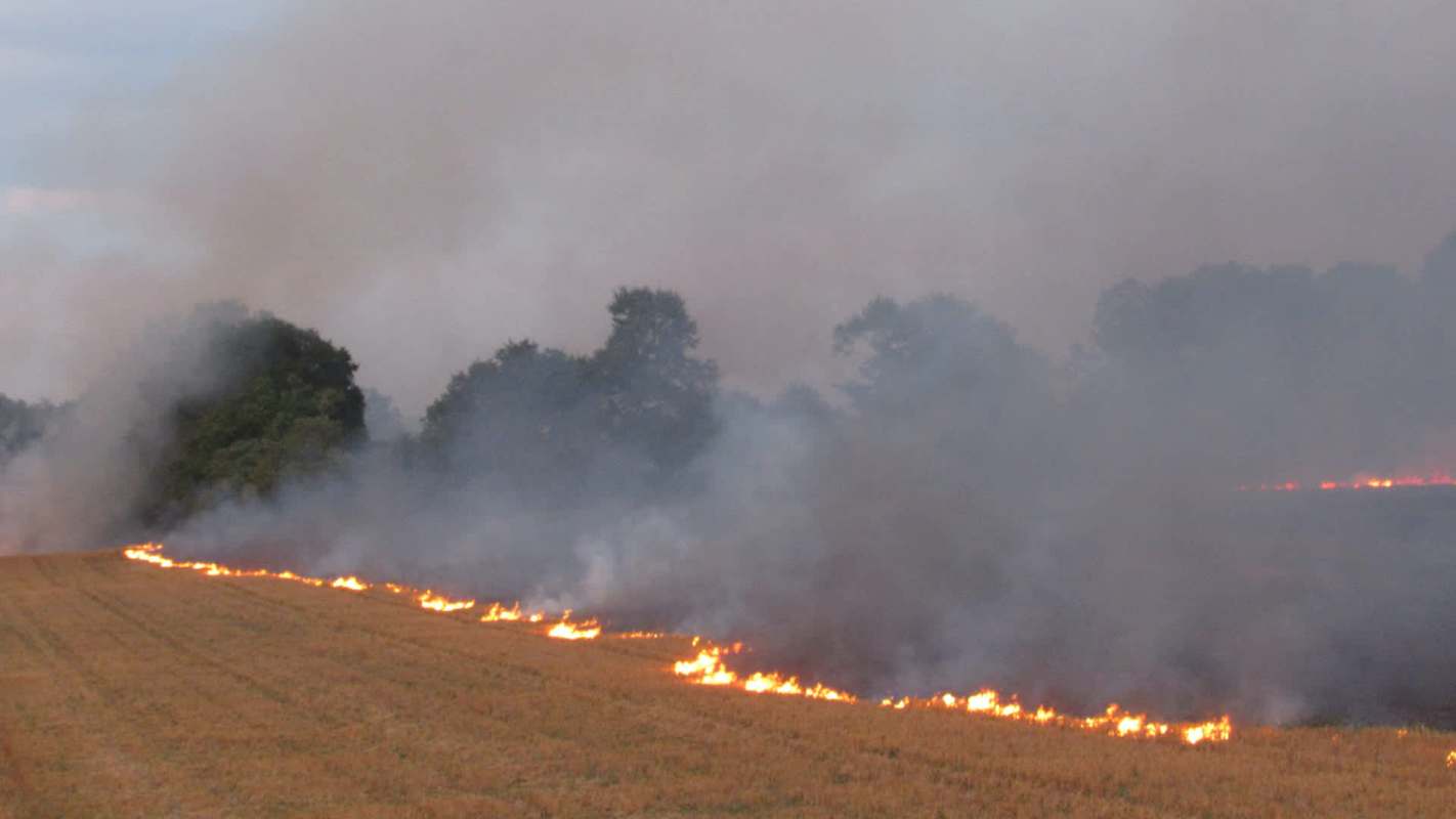 A field is burning with flames and smoke rising into the air.