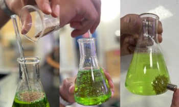 A person mixing green liquid in a beaker.