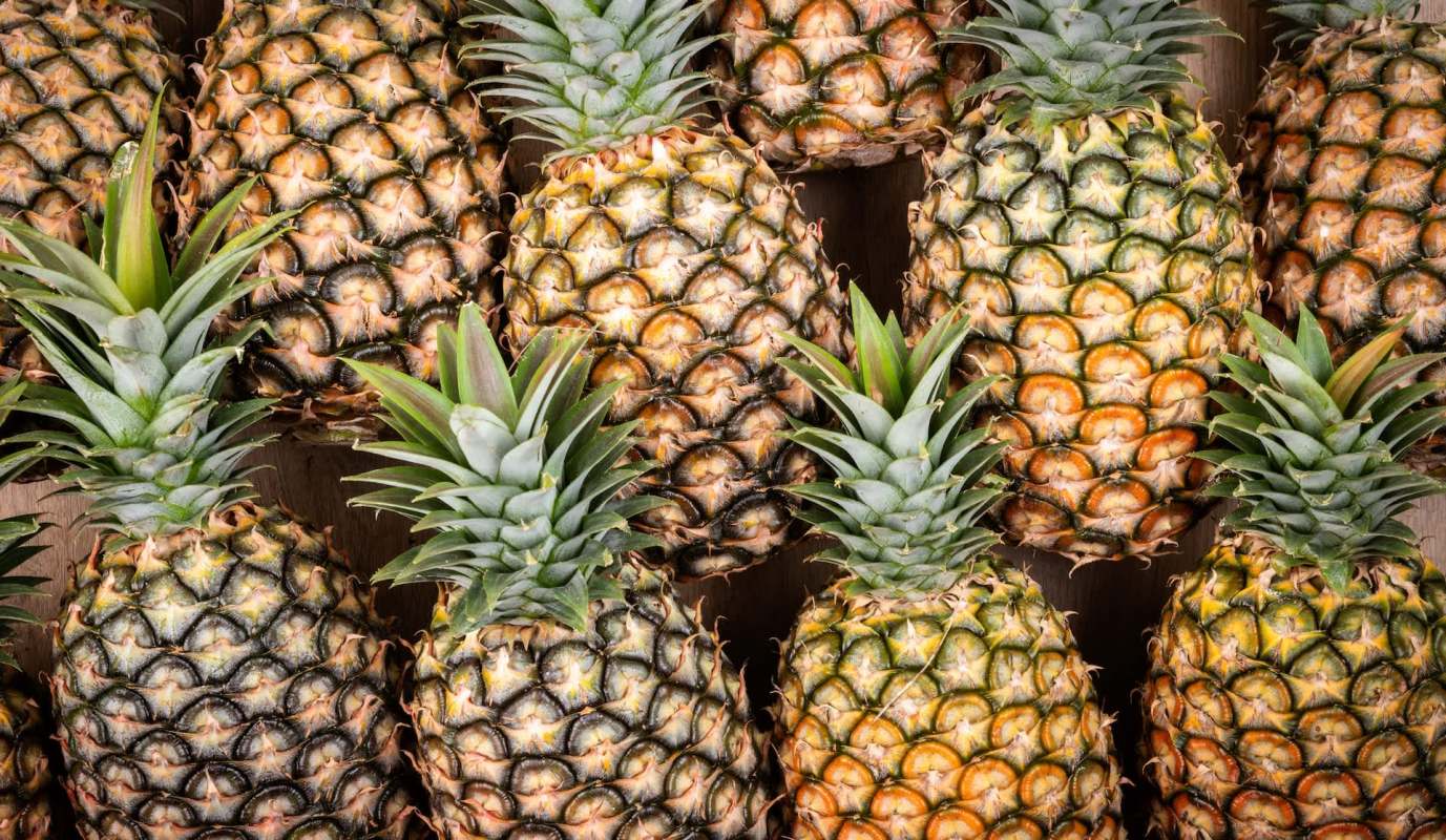 A collection of pineapples arranged closely together on a wooden surface.