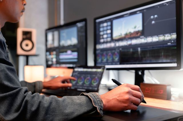 A person using a digital tablet while editing video on multiple computer screens.